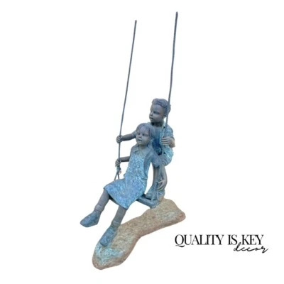 Bronze Boy and Girl Children Swinging Garden Outdoor Statue Sculpture - Image 1 of 4