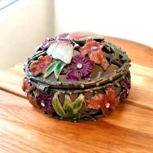 Butterfly Enamel Crystal Rhinestone Flowers Trinket Box Hinged Bronze Open Weave - Picture 1 of 10