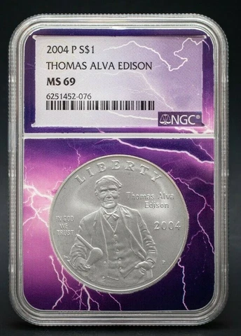 2004 P Thomas Alva Edison Light Bulb Commemorative $1 NGC MS69 *LIGHTNING LABEL* Cover