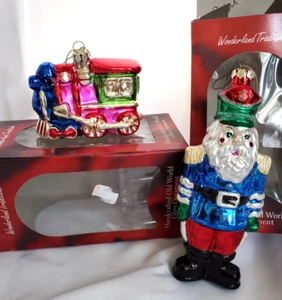 2 Blown Glass Locomotive Train & Nutcracker Christmas Old World Ornaments in Box - Picture 1 of 14