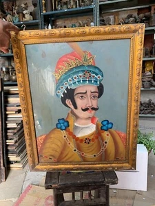 19th C Vintage Handmade Indian Reverse Glass Painting Of Mughal Shah Framed - Picture 1 of 9