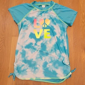 Cat and Jack Swim Top Blue Tie Dye Shirt Girls Size XL 14/16 Love Peace Spellout - Picture 1 of 9