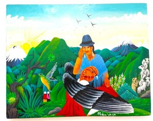 Original Kunstwerk signiert vom Ecuadorianer Pedro Vega auf Schaffell Leinwand 9,25 Fuß x 12 Zoll - Bild 1 von 7