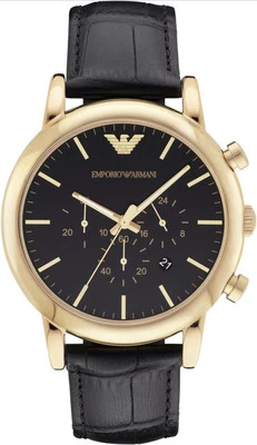 NUEVO RELOJ HOMBRE EMPORIO ARMANI ORO CRONÓGRAFO CUERO NEGRO 46mm Foto 1 de 4