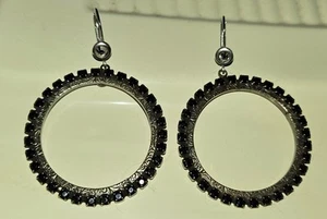 Artisan Made 925 Leverback 2" hoop earrings/brass/black rhinestones mixed metals - Picture 1 of 5