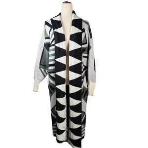 ANTHROPOLOGIE Aztec Knit Duster Kimono Cardigan Womens OS Black White Long - Picture 1 of 9