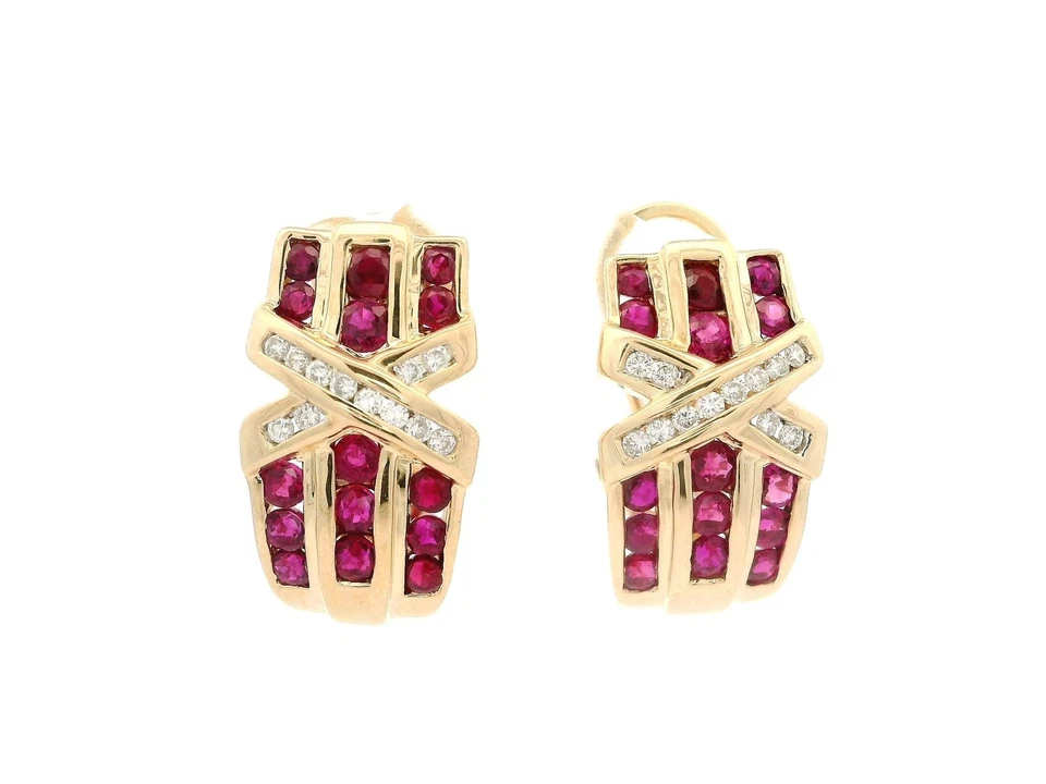 14k Yellow Gold Vivid Ruby & Diamond X Design Cuff Omega Clip On Earrings - Image 1 of 4