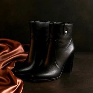 NWOT Paige Black Pebbled Leather Heeled Ankle Booties w/ Pewter Stud Size 7.5 - Picture 1 of 15