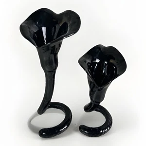 VTG Black Blown Glass Lily Candle Holders FITZ & FLOYD Set Of Two Art Glass - Picture 1 of 9