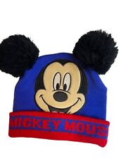 Disney Mickey Mouse Cuff Beanie with Pom Pom Ears Knit Hat Costume Cap Blue Red
