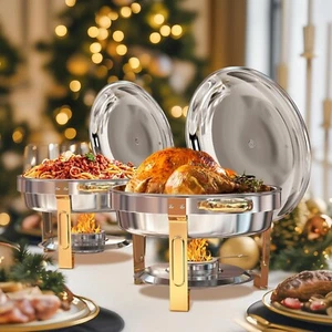 Juego de buffet de platos de frotamiento de acero inoxidable dorado, paquete de 2 calentadores redondos de 5 cuartos con tapa - Imagen 1 de 5