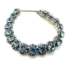 Kramer Light Blue Rhinestone Bracelet Floral Prong Setting Safety Chain 7" - Picture 1 of 4