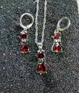 925 Silber Schmuck Set Katze Rot Zirkon Kette Anhänger Creolen Tiere - Bild 1 von 8
