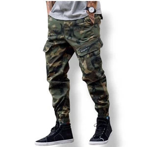 Men's Casual Cargo Pants, Elastic Drawstring Sports Pants, Gym, Pocket, Army G - Picture 1 of 7