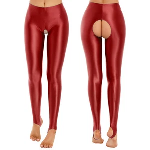 Women's Oil Glossy Smooth Stirrup Leggings Stretchy Mid Waist Compression Pants - Picture 1 of 115