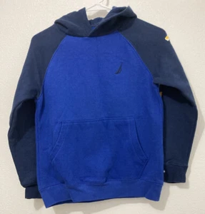 Nautica Boys Hoodie Pullover Sweatshirt Blue Yellow Logo Kangaroo Pocket M 10/12 - Picture 1 of 3