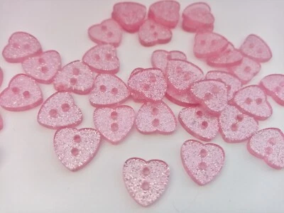 10 Pink Heart Glitter Buttons 15mm (1/2") Sparkly Heart Girls Clothing Buttons - Image 1 of 2