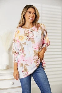Double Take Floral Round Neck Three-Quarter Sleeve Top - Picture 1 of 13