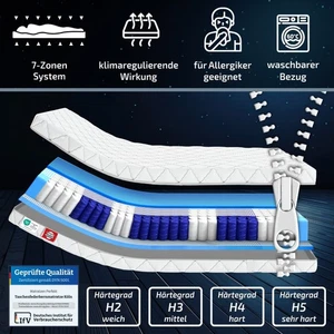 Matratze 90x200 100x200 Taschenfederkern Köln 7-Zonen 140, 160x200 H2 H3 H4 H5 - Bild 1 von 16