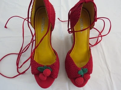 Womens cork wedge shoes by Soda red with cherries size 7 - Image 1 of 4