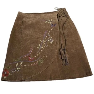 Brandon Thomas Leather Wrap Skirt Size 6 Brown Suede Embroidered Beaded Boho - Picture 1 of 14