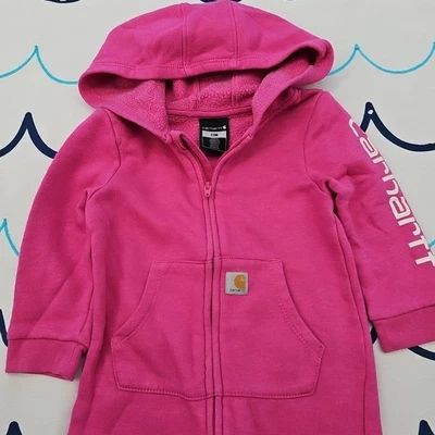 Carhartt Toddler Girls Pink One Piece Zip Front Hooded Sweatsuit Size 12 Months - Image 1 of 4
