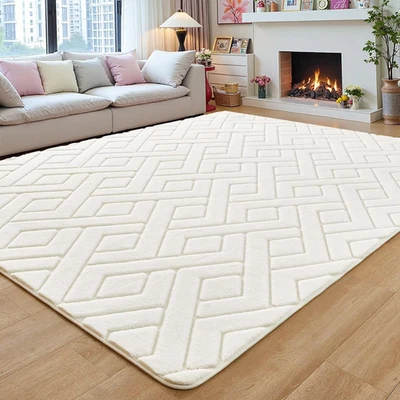 Alfombra Lavable 5X7 Blanco Crema para Dormitorio Salón, Moderna Peluca Geométrica Foto 1 de 4