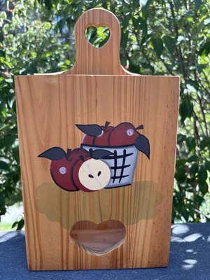 Vtg Wooden Apple Recycle Box Plastic Bags Wall Decor 1997 Hearts Country Granny - Image 1 of 4