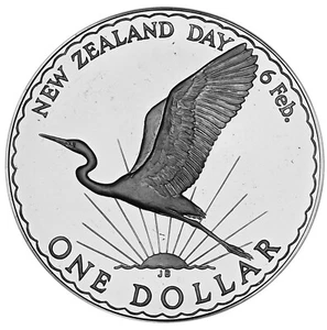 NEW ZEALAND 1 Dollar 1974 Proof 'New Zealand Day - Great Egret' - Picture 1 of 3
