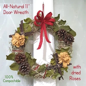 All-Natural 11" Christmas Door Wreath with Dried Roses Xmas Decoration Home Wall - Picture 1 of 8