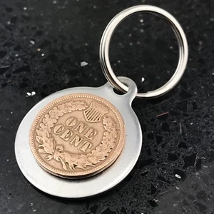 Stainless Steel Key Chain w/ Antique 100 Year Old Penny 1 Cent F05 - Picture 1 of 1