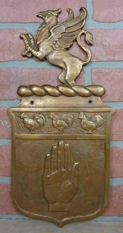 GRIFFIN ROOSTERS HAND Antique Bronze Decorative Art Plaque Store Ad Sign Ornate Cover