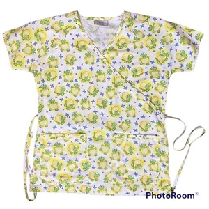Happy Scrubs UA Scrub Top Womens Small Tie Back Mock Wrap Pockets Frogs Yellow - Picture 1 of 4