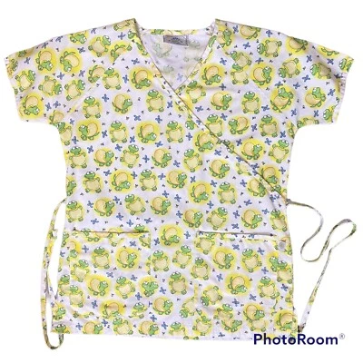 Happy Scrubs UA Scrub Top Womens Small Tie Back Mock Wrap Pockets Frogs Yellow - Image 1 of 4