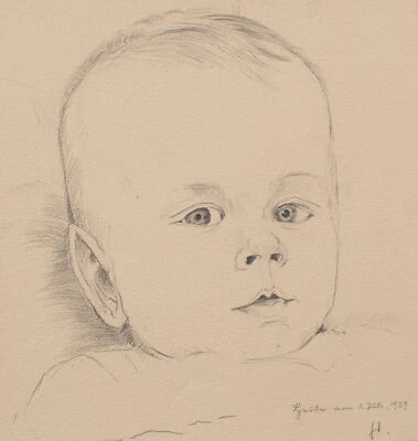 Gerhard Schulte-Dahling Kinderporträt Baby signiert Bleistift Zeichnung 1939 - Bild 1 von 3