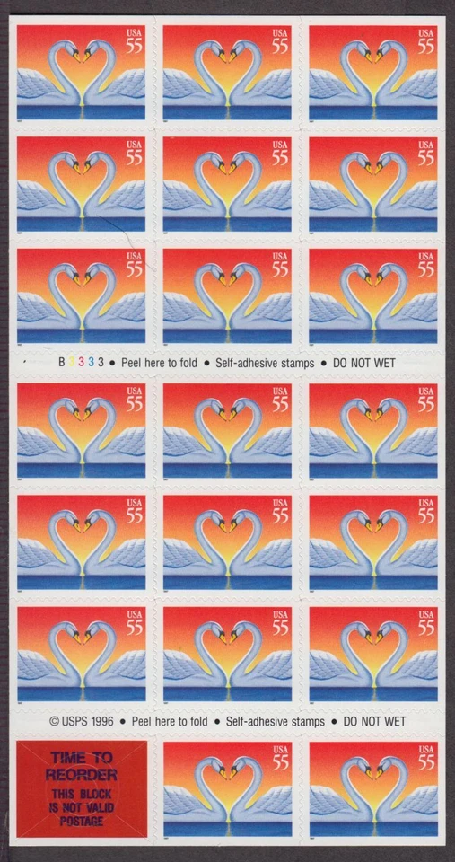 1997 Love Swan Sc 3124a MINT 55c booklet of 20, plate number B3333 - Image 1 of 1