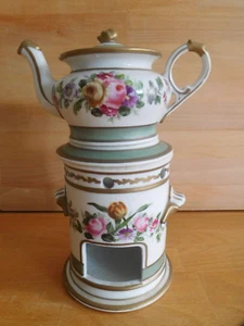ANTIQUE FRENCH PARIS PORCELAIN VEILLEUSE TEAPOT ON STAND MARKED - Picture 1 of 23