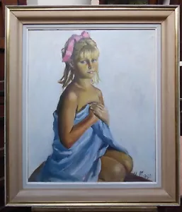 LARGE OIL GIRL IN THE TOWEL MONOGRAMMED JM 1964 FREE SHIPPING TO ENGLAND - Picture 1 of 12