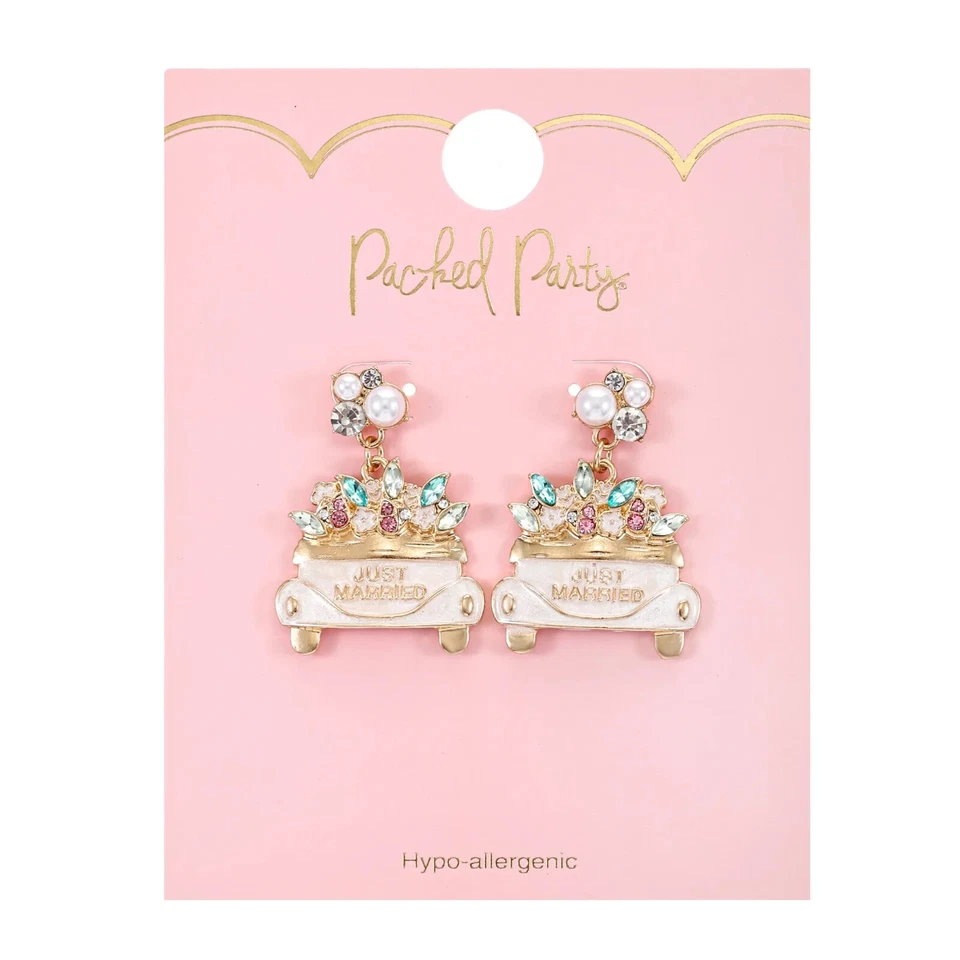 Packed Party Goldtone Just Married Earrings Female Bridal Theme