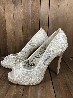 Bridal Wedding Shoes Size 6 High Satin Heels White Peep Toe See Thru Lace Uppers - Image 1 of 4