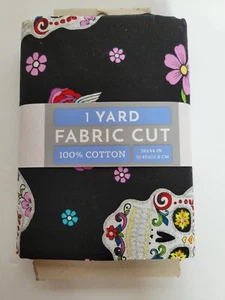 Fabric 1-Yard Cut Day of the Dead Sugar Skulls Glitter 100% Cotton Black Multi - Picture 1 of 6