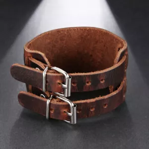 Herren Punk breit verstellbar Echtleder Gürtel Armband Manschette Armreif mit 2 Schnallen - Bild 1 von 21