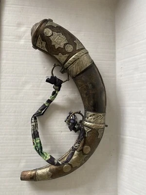 Antique Vintage Big Ottoman Horn Gun Powder Engraved Brass Copper - Image 1 of 4