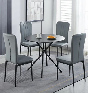 Dining Set, Black Round Kitchen Table (90cm) & 4 Grey Faux Leather Dining Chairs - Picture 1 of 8