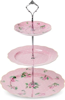  Soporte para Pasteles de 3 Niveles, Porcelana, Rosa Pálido con Rosas Rosas y Borde Dorado,  Foto 1 de 4