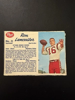 1962 POST CEREAL CFL FOOTBALL CARD #21 RON LANCASTER HOF VG-EX! RARE! - Image 1 of 2