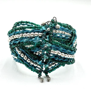 Wide Beaded Cuff Bracelet Boho Braid Wire Wrap Teal Silver Multi Layer Flex 6.5" - Picture 1 of 9