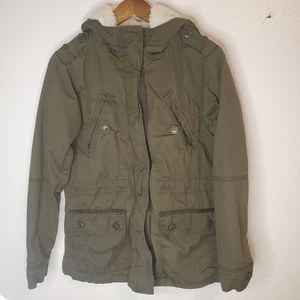 American Eagle AEO Army Green Canvas Cargo Field Hooded Jacket Coat Sz S Sherpa - Picture 1 of 13