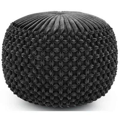 Simpli Home Renee Boho Round Pouf in Slate Gray Velvet Fabric - Image 1 of 4