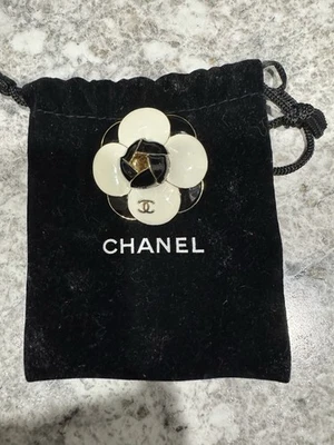 Chanel Camellia Flower Enamel Brooch Black and Ivory Gold Tone with Pouch - Image 1 of 4